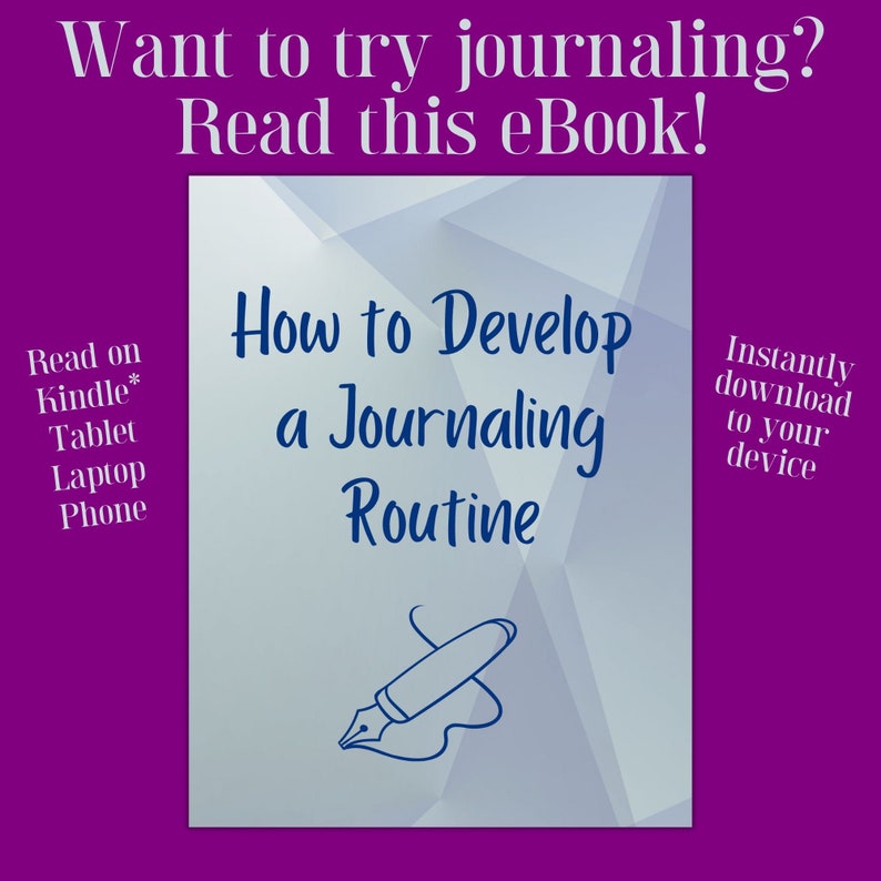 Peut inclure: Une couverture d'ebook bleue et blanche avec le titre "Comment d&eacute;velopper une routine de journalisation". La couverture pr&eacute;sente une illustration de stylo et d'encre et un fond g&eacute;om&eacute;trique.