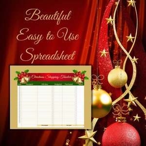 May include: A Christmas shopping tracker spreadsheet with a festive design. The spreadsheet has columns for recipient, gift idea, budgeted, purchased, and spent. The background features red and gold Christmas ornaments and stars.