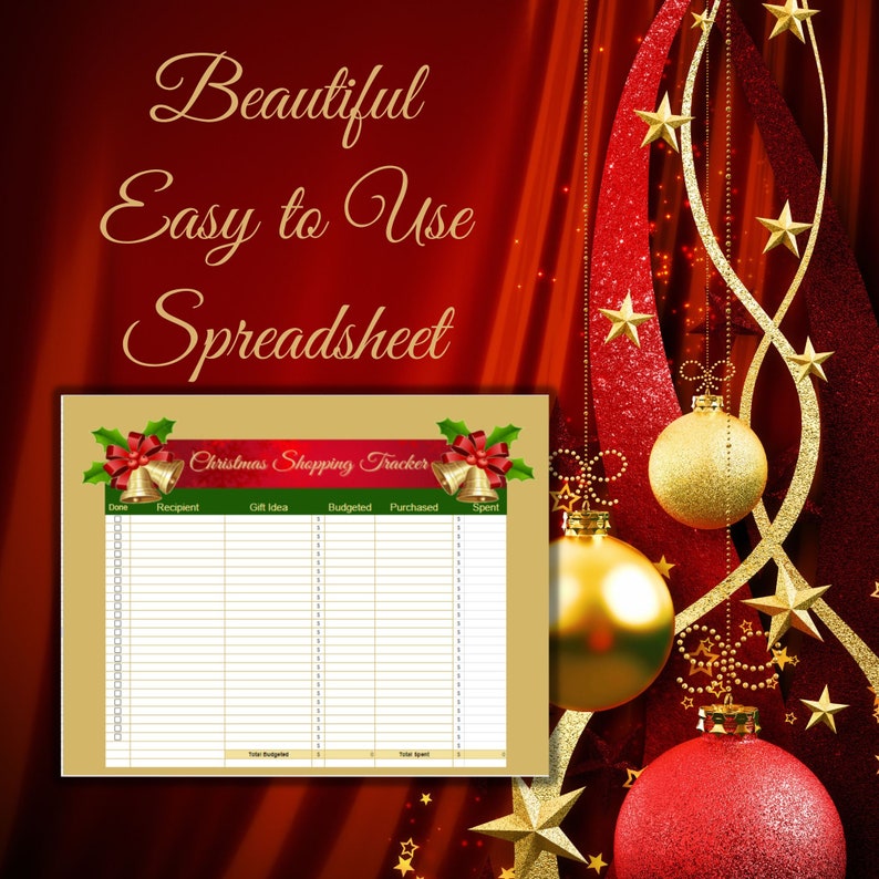 May include: A Christmas shopping tracker spreadsheet with a festive design. The spreadsheet has columns for recipient, gift idea, budgeted, purchased, and spent. The background features red and gold Christmas ornaments and stars.