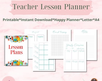 May include: A printable teacher lesson planner with a colourful cover featuring school supplies and the words "Lesson Plans". The planner includes pages for project planning, record keeping, and notes. It also has a yearly overview calendar and a weekly schedule. The planner is designed for A4 paper and is available for instant download.