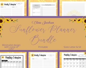 May include: A printable sunflower planner bundle with a minimalist design. The planner includes weekly and monthly calendars, a top priorities list, and a sunflower graphic. The planner is available in letter and A4 sizes.