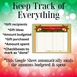 May include: A Christmas Shopping Tracker spreadsheet with a festive design. The spreadsheet includes sections for gift recipients, ideas, budget, purchases, and spending. The text "Keep Track of Everything" is at the top, with additional details about the sheet.