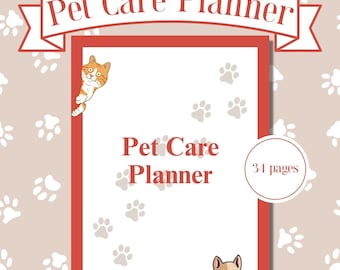 Könnte beinhalten: Ein rot-weißer Planer mit einem Pfotenabdruckmuster. Das Cover zeigt eine Katze und einen Hund, die hinter dem Planer hervorlugen. Der Titel "Pet Care Planner" ist in Weiß auf einem roten Banner geschrieben. Der Text "34 Seiten" ist in Weiß auf einem roten Kreis geschrieben.
