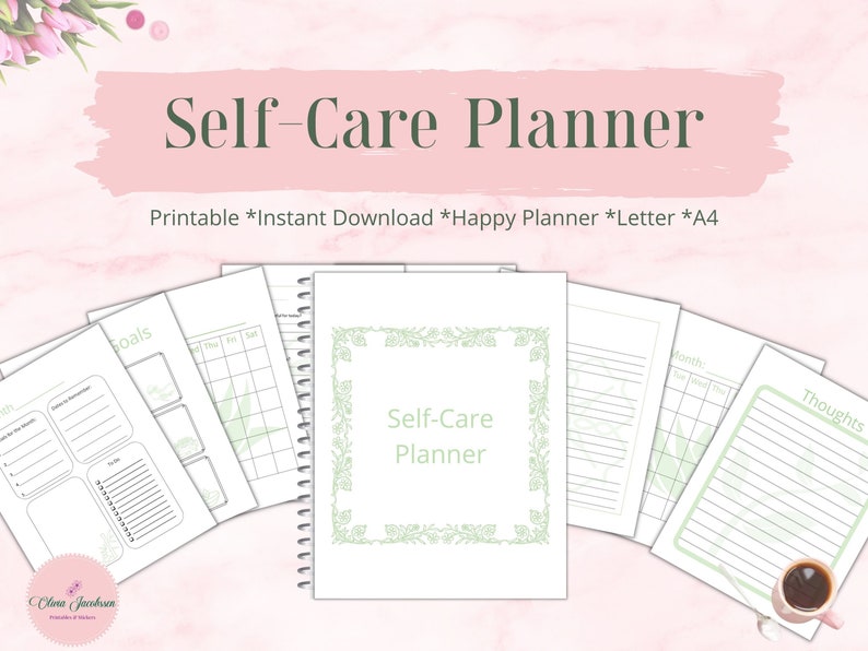 Printable Self Care Planner, undated monthly calendars, monthly self care goals, goals for mind, body, spirit, journal pages, daily actions image 1