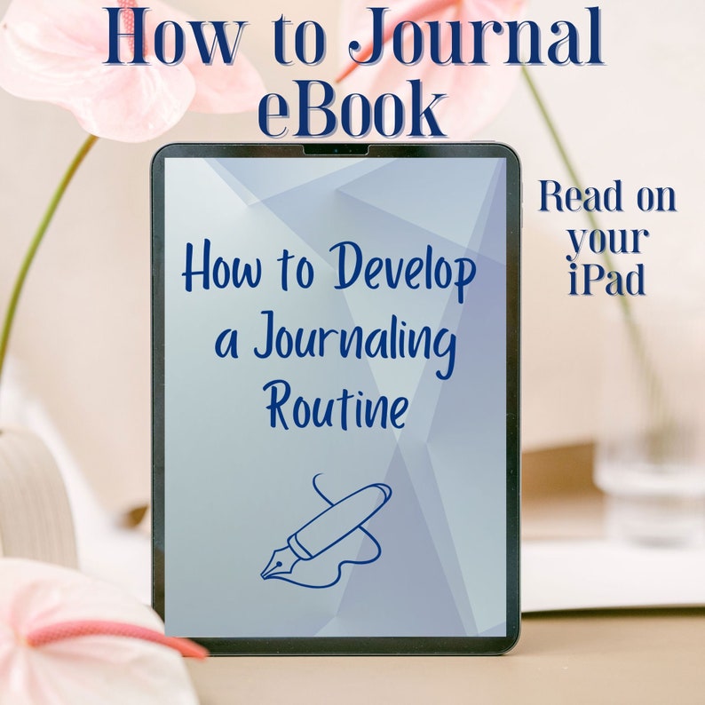 Peut inclure: Une tablette num&eacute;rique affichant un livre num&eacute;rique intitul&eacute; "Comment d&eacute;velopper une routine de journalisation". La couverture du livre num&eacute;rique pr&eacute;sente une illustration bleue d'un stylo et d'encre sur un fond bleu clair avec un motif g&eacute;om&eacute;trique. Le texte "Lisez sur votre iPad" est visible dans le coin sup&eacute;rieur droit de l'image.