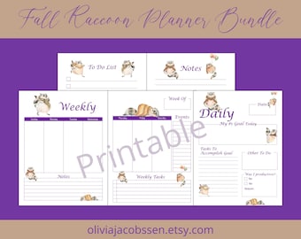 Può includere: Un pacchetto di planner stampabile con illustrazioni di procioni su sfondo viola. Il planner include sezioni per liste di cose da fare, note, pianificazione settimanale e giornaliera e definizione degli obiettivi. Il testo "Fall Raccoon Planner Bundle" è in alto.
