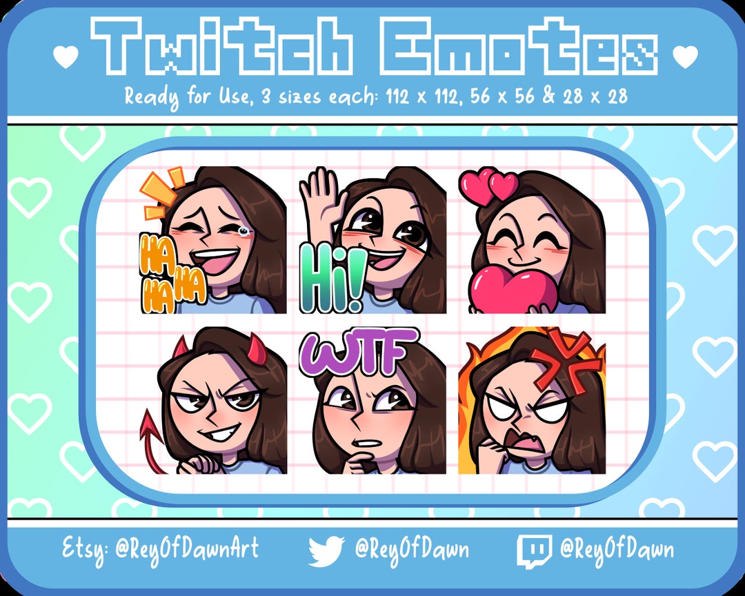 Twitch Emotes / 6 Cute chibi emoji emotes for streamers / kawaii brunette  girl stream emoji gg hype rage lol