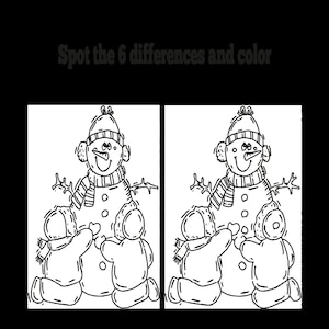 May include: A black and white illustration of two children building a snowman. The snowman has a carrot nose, a scarf, and a hat. The children are wearing winter clothes and are smiling.