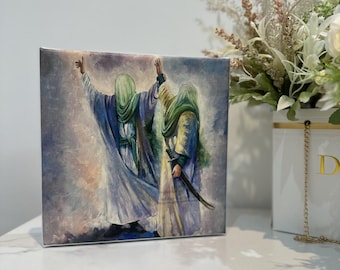 Shia Art Canvas: Imam Hussain, Imam Ali, Khaybar Scene (20cm)