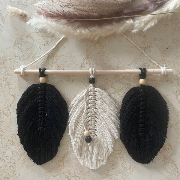 Minimalist Black and White Wall Hanging ~ Black Macrame Leaf Feather ~ Boho Wall Art ~ Mid Century Modern ~ Unique Personalized Gift