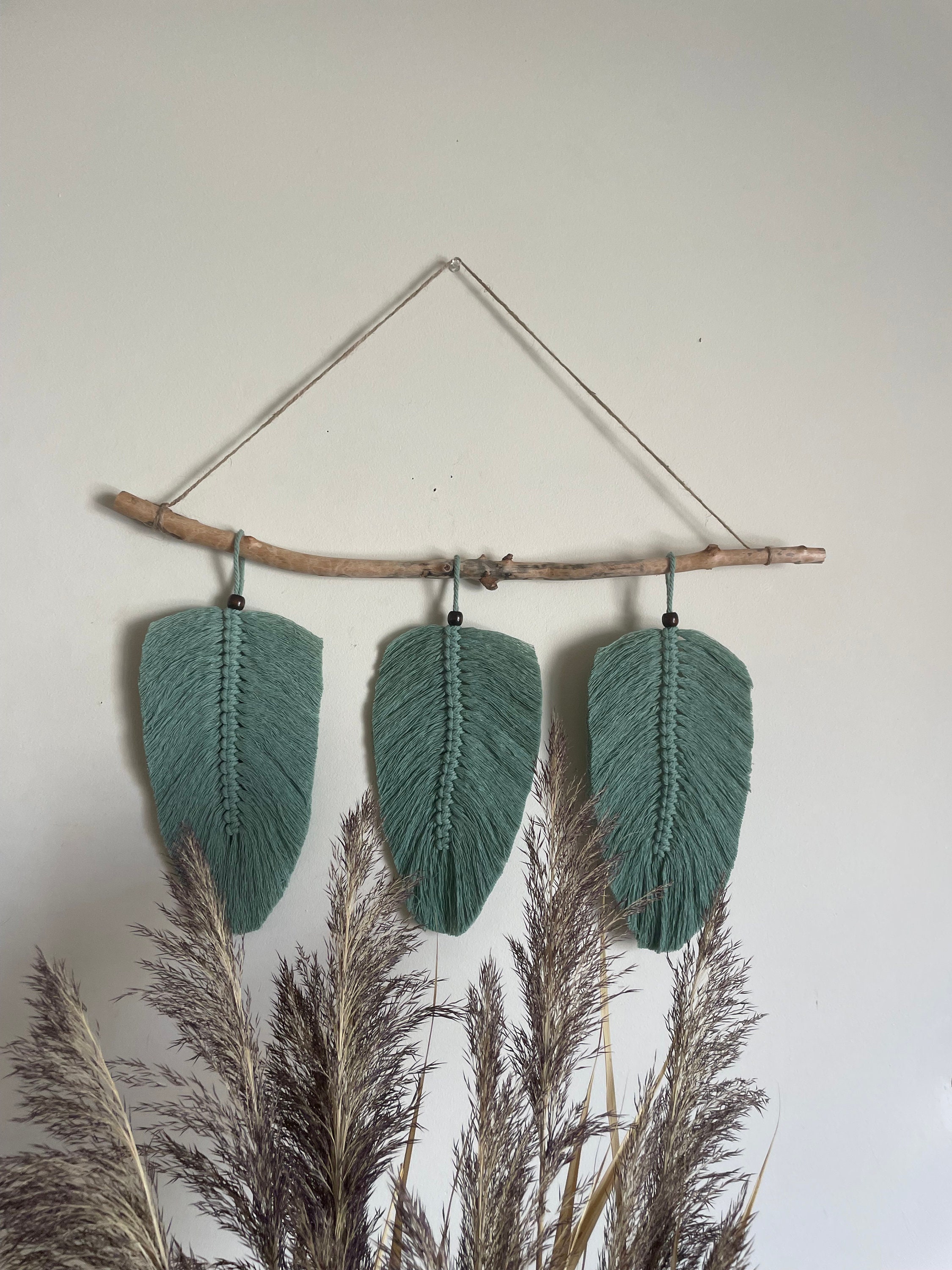 Sage Green Wall Hanging Macrame Feathers Natural Cotton Etsy