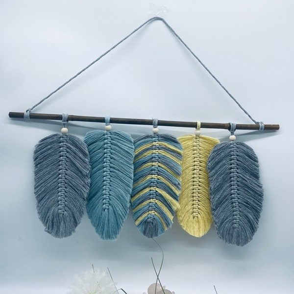 Macrame Feather Hanging, Yellow, Blue, Grey, Hand Woven Wall Art, Boho Macrame Hanging, on Driftwood, Ready to Deliver