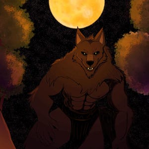 May include: Digital illustration of a werewolf under a full moon. The werewolf is brown with glowing yellow eyes and a menacing expression. The background is a starry night with trees.