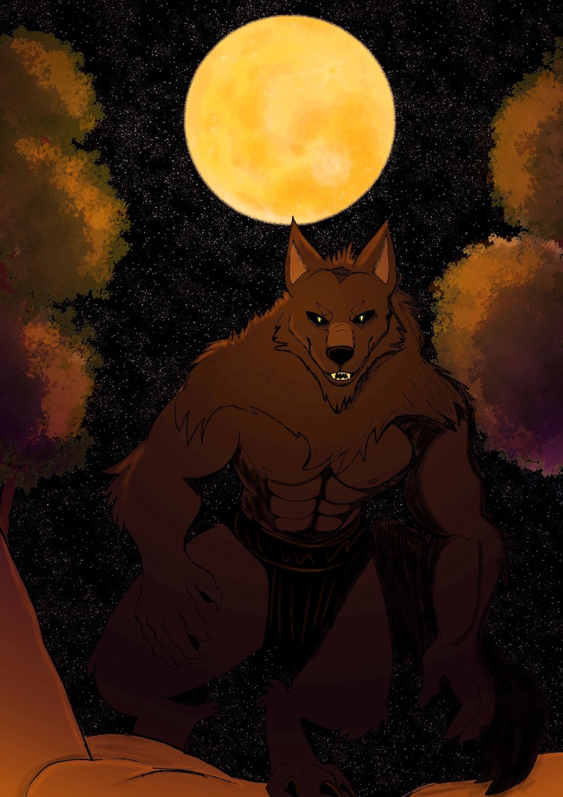 May include: Digital illustration of a werewolf under a full moon. The werewolf is brown with glowing yellow eyes and a menacing expression. The background is a starry night with trees.