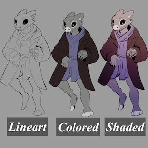 May include: Digital art illustration of a humanoid creature in three different styles: lineart, colored, and shaded. The creature wears a long coat, scarf, and skirt. The text "Lineart", "Colored", and "Shaded" are below each image.