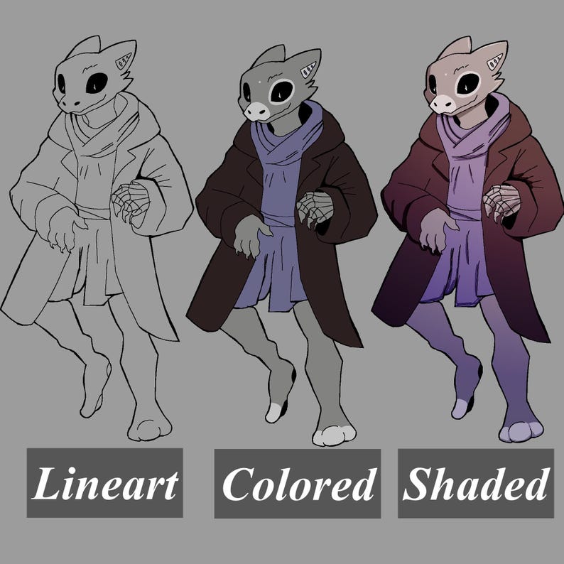 May include: Digital art illustration of a humanoid creature in three different styles: lineart, colored, and shaded. The creature wears a long coat, scarf, and skirt. The text "Lineart", "Colored", and "Shaded" are below each image.