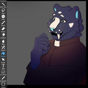 May include: Digital illustration of a panther-like character with dark blue fur, white markings, and a light blue nose and ears. The character is wearing a dark brown collared shirt. The image has a digital art style with a gray background.