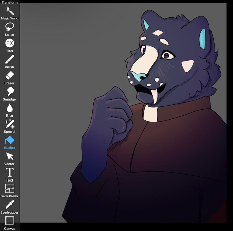May include: Digital illustration of a panther-like character with dark blue fur, white markings, and a light blue nose and ears. The character is wearing a dark brown collared shirt. The image has a digital art style with a gray background.