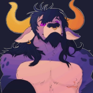 May include: Digital illustration of a purple minotaur-like character with orange horns, a nose ring, and long black hair. The character has a muscular build and a furry chest. The background is a dark blue color.