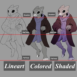 May include: Three illustrations of a humanoid creature with a reptilian head, wearing a coat and scarf. The first is a lineart, the second is colored, and the third is shaded. The text "Lineart", "Colored", and "Shaded" are below the illustrations.