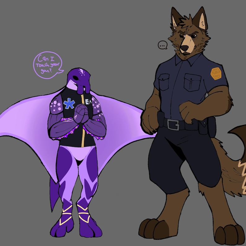 May include: Digital illustration of two anthropomorphic characters. One is a purple creature with a cape, the other is a brown wolf in a police uniform. The purple character has a speech bubble that says, "Can I touch your gun?"