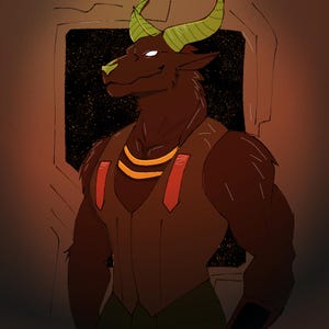 May include: Digital illustration of a muscular anthropomorphic bull-like creature with brown fur, green horns, and a brown vest. The creature has a gold and orange necklace and red accents. The background shows a starry night sky.