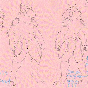 May include: Line art of a furry character design with multiple views, including a headshot and front and back poses. The design features a wolf-like head with a headset, and the text "NAME" is visible. The image is transparent and offers multiple tail options.