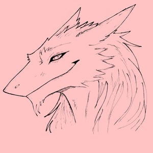 May include: A black and white line drawing of a dragon's head in profile against a light pink background. The dragon has a long snout, sharp teeth, and a pointed ear. The dragon's eye is open and alert.