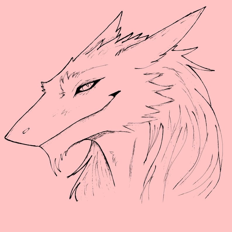 May include: A black and white line drawing of a dragon's head in profile against a light pink background. The dragon has a long snout, sharp teeth, and a pointed ear. The dragon's eye is open and alert.