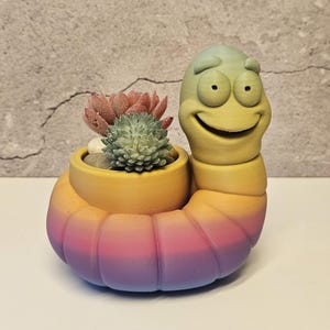 3D Printed Worm Planter, Colorful Gradient PLA Succulent Pot, Whimsical Desk Decor image 4