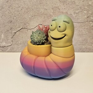 3D Printed Worm Planter, Colorful Gradient PLA Succulent Pot, Whimsical Desk Decor image 2
