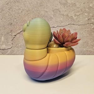 May include: A 3D printed snail-shaped planter featuring a gradient color scheme that transitions from light green at the head to yellow, orange, and purple along the shell. A small succulent plant with reddish-brown leaves sits inside.