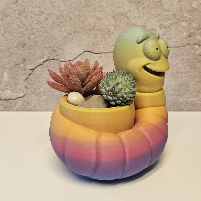 3D Printed Worm Planter, Colorful Gradient PLA Succulent Pot, Whimsical Desk Decor image 3