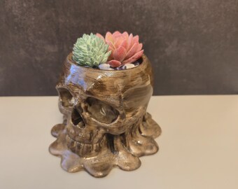 Gothic 3D Printed Melting Skull Planter: Unique Dark Decor Vase for Plants & Statement Storage