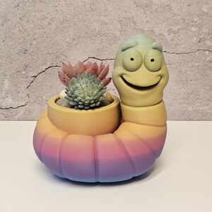 3D Printed Worm Planter, Colorful Gradient PLA Succulent Pot, Whimsical Desk Decor image 6