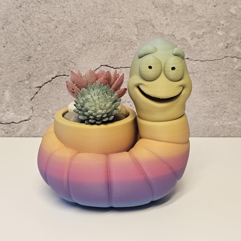 3D Printed Worm Planter, Colorful Gradient PLA Succulent Pot, Whimsical Desk Decor image 6