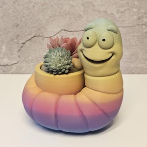 3D Printed Worm Planter, Colorful Gradient PLA Succulent Pot, Whimsical Desk Decor image 5