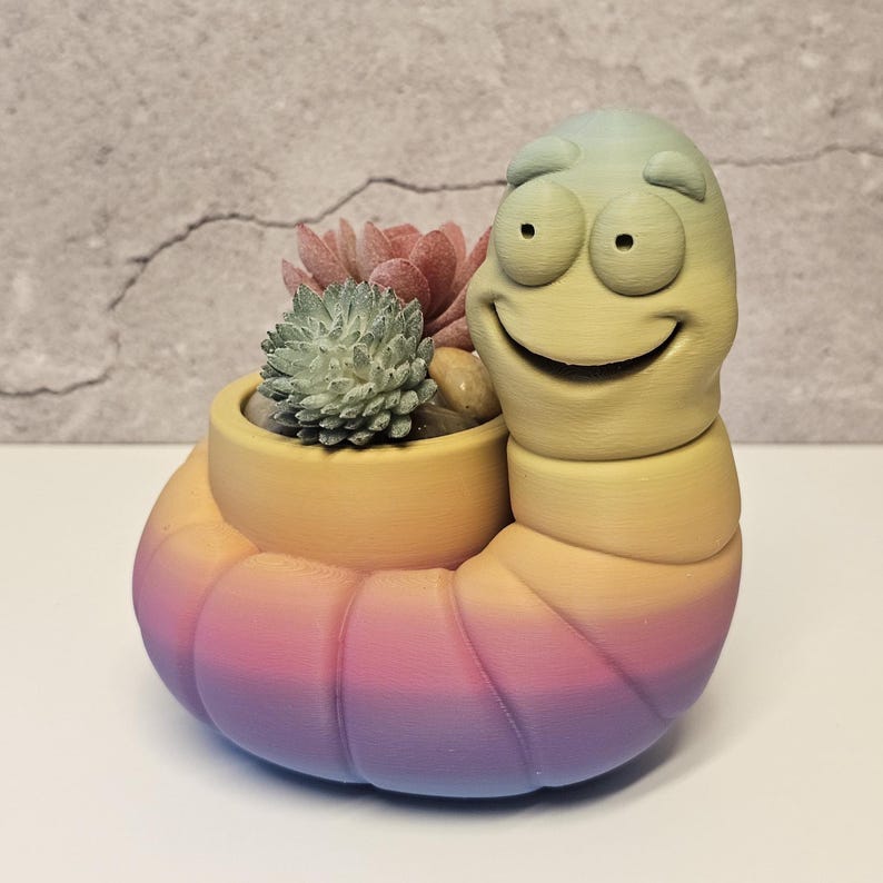 3D Printed Worm Planter, Colorful Gradient PLA Succulent Pot, Whimsical Desk Decor image 5