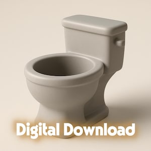 Könnte beinhalten: Hellgraue Toilette mit abgerundeter Schüssel und Tank. Der Text "Digital Download" wird unten im Bild in Hellorange angezeigt. Die Toilette ist ein 3D-Rendering.