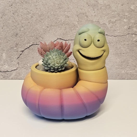 3D Printed Worm Planter, Colorful Gradient PLA Succulent Pot, Whimsical Desk Decor