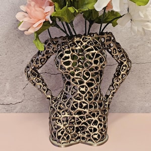 Antique Gold Voronoi Torso Vase: 3D Printed Sculpture Planter