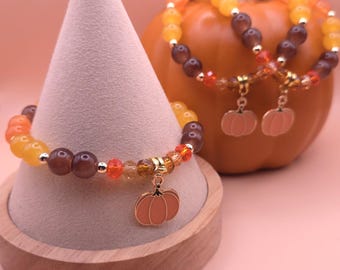 Pumpkin Charm Beaded Bracelet: Handmade Enamel Thanksgiving Jewelry