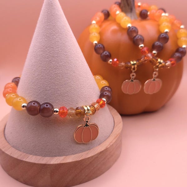 Pumpkin Charm Beaded Bracelet: Handmade Enamel Thanksgiving Jewelry