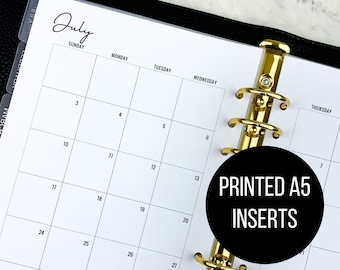 Printed A5 Dated Monthly Planner Inserts | Monthly 2 Page Planner Spread | Month on Two Page | Sunday or Monday Start |  2024-2025 Inserts