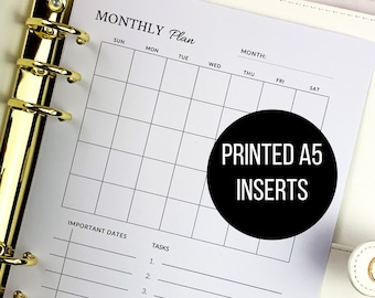 PRINTED Undated Monthly Planner Inserts A5 Month On One Page Planner Inserts Month on One Page Layout | Sunday Start or Monday Start