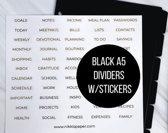 Black A5 Planner Dividers with Stickers 6 Ring Divider Tab Labels