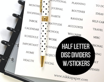 Half Letter Disc Dividers with Stickers Frosted 6 Tab Dividers with Divider Labels Junior Disc Bound Dividers Blank Planner Accessories