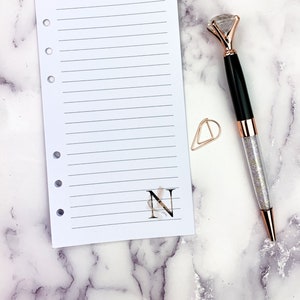 Printed Personal Size Lined Paper with Initial | Notes Pages | Refill Paper | Inserts for Personal Planners | Monogrammed Inserts