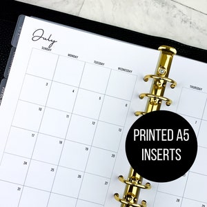 Printed A5 Dated Monthly Planner Inserts | Monthly 2 Page Planner Spread | Month on Two Page | Sunday or Monday Start 2025-2026 Inserts