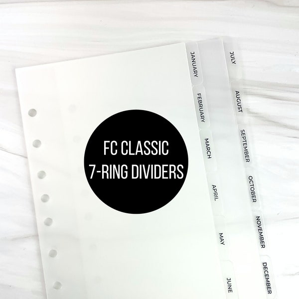 FC Classic 7 Ring Monthly Dividers Frosted Plastic Divider Half Letter Size 7 Hole Dividers 5.5 x 8.5